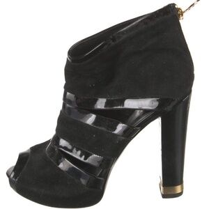 Tory Burch Black Suede & Patent Peep-Toe High Heel Bootie